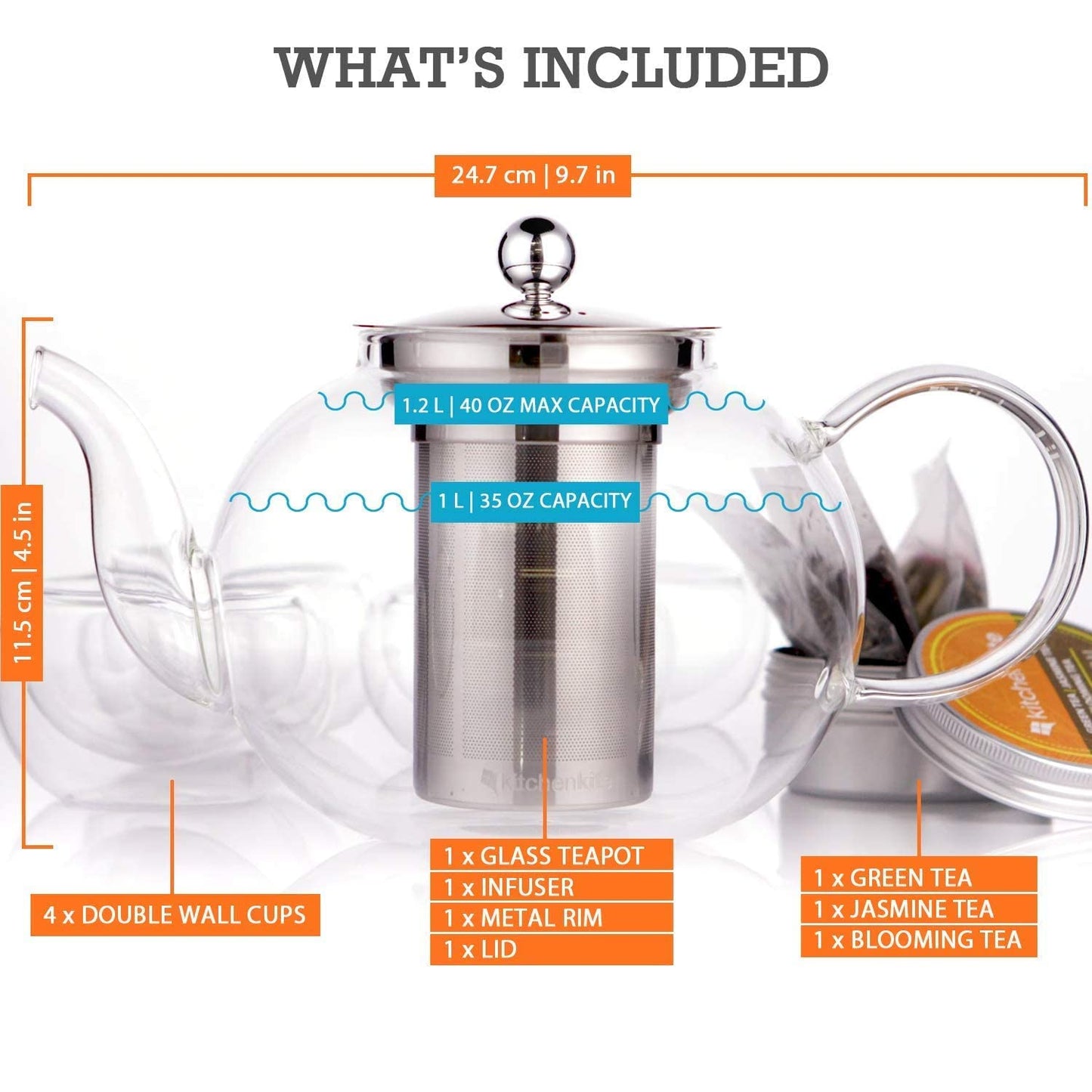 Kitchen Kite Glass Teapot Set with 4 Double Wall Tea Cups & Removable Stainless Steel Infuser, 35oz/1000ml Borosilicate Tea Kettle Stovetop Safe, Loose Leaf & Blooming Tea Maker Gift Set for Women