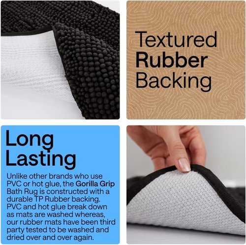 Gorilla Grip Plush Chenille Bath Rug Mat - Soft Absorbent Microfiber for Square Toilet Base | Black, Machine Washable