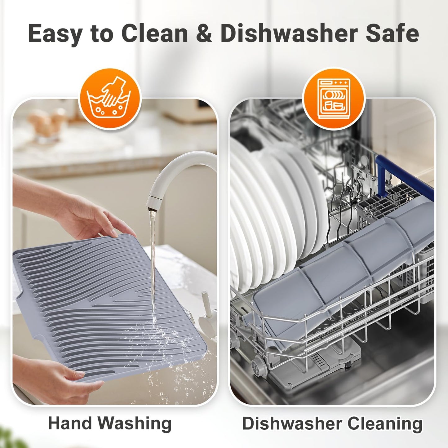 Silicone Dish Drying Mat - Non-Slip Drain Pad for Kitchen | Easy to Clean, Heat Resistant, 15.8" x 13", Grey
