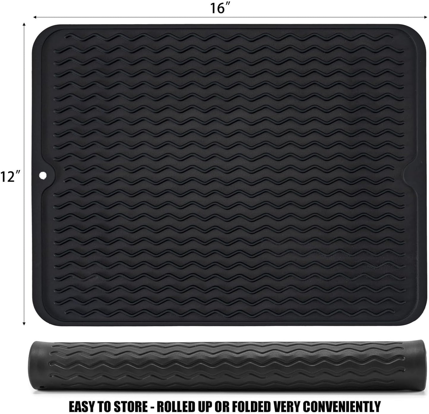 Skiennix Silicone Dish Drying Mat - Non-Slip, Heat-Resistant Kitchen Drainer | Large 16" x 12", Black