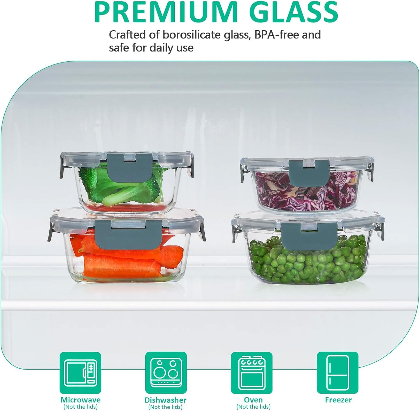 KOMUEE Glass Food Storage Containers Set - 24 Stackable Airtight Meal Prep Containers | Microwave & Oven Safe, Gray
