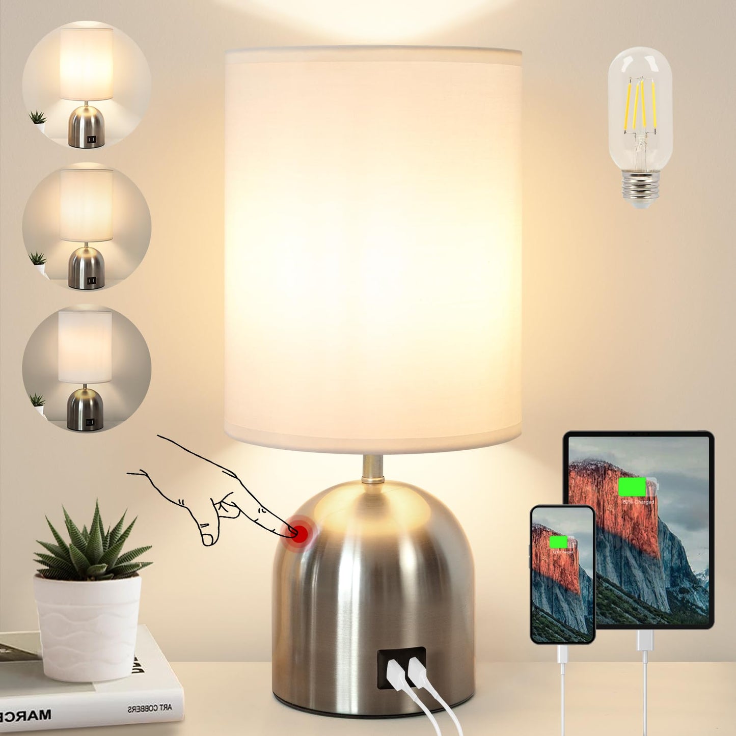 Yacoto Touch Control Table Lamp for Bedroom, 3 Way Dimmable Modern Silver Bedside Lamps with 2 USB Charging Ports with Metal Base Fabric Shade for Nightstand, Office, Living Room(Bulb Included)