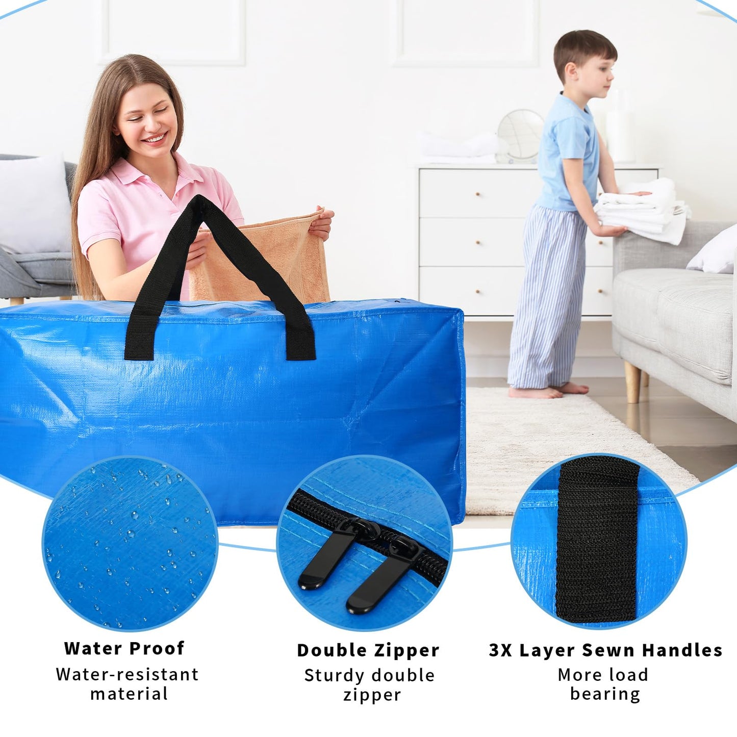 4 Pack Heavy Duty Extra Large Moving Bags - Strong Handles& Backpack Straps - Blue Storage Bags Alternative to Moving Boxes Bins, Packing bag Compatible with Ikea Frakta Cart