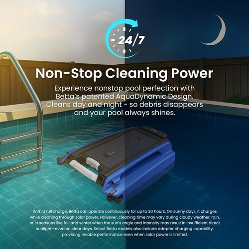 Betta SE Solar Powered Robotic Pool Skimmer - 24/7 Cleaning with Twin Motors | Blue