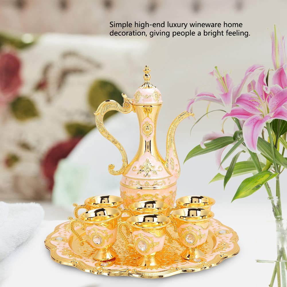 LIZEALUCKY Vintage Metal Turkish Coffee Pot Set Turkish Tea Set with 6 Luxury Coffee Cups and Craft Tea Tray Teapot for Serving Tea Zamzam Coffee Cappuccino, Turkish Teapot for Wedding Gift(Gold)