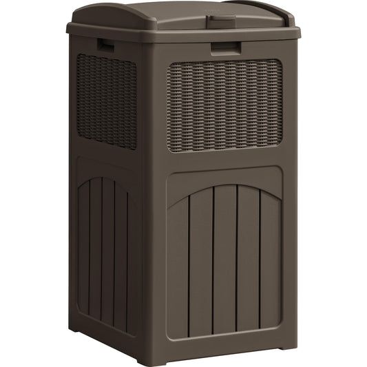 YESHOMY 33 Gallon Resin Outdoor Trash Can with Lid, Hideaway Waterproof Patio Garbage Bin, Dark Brown