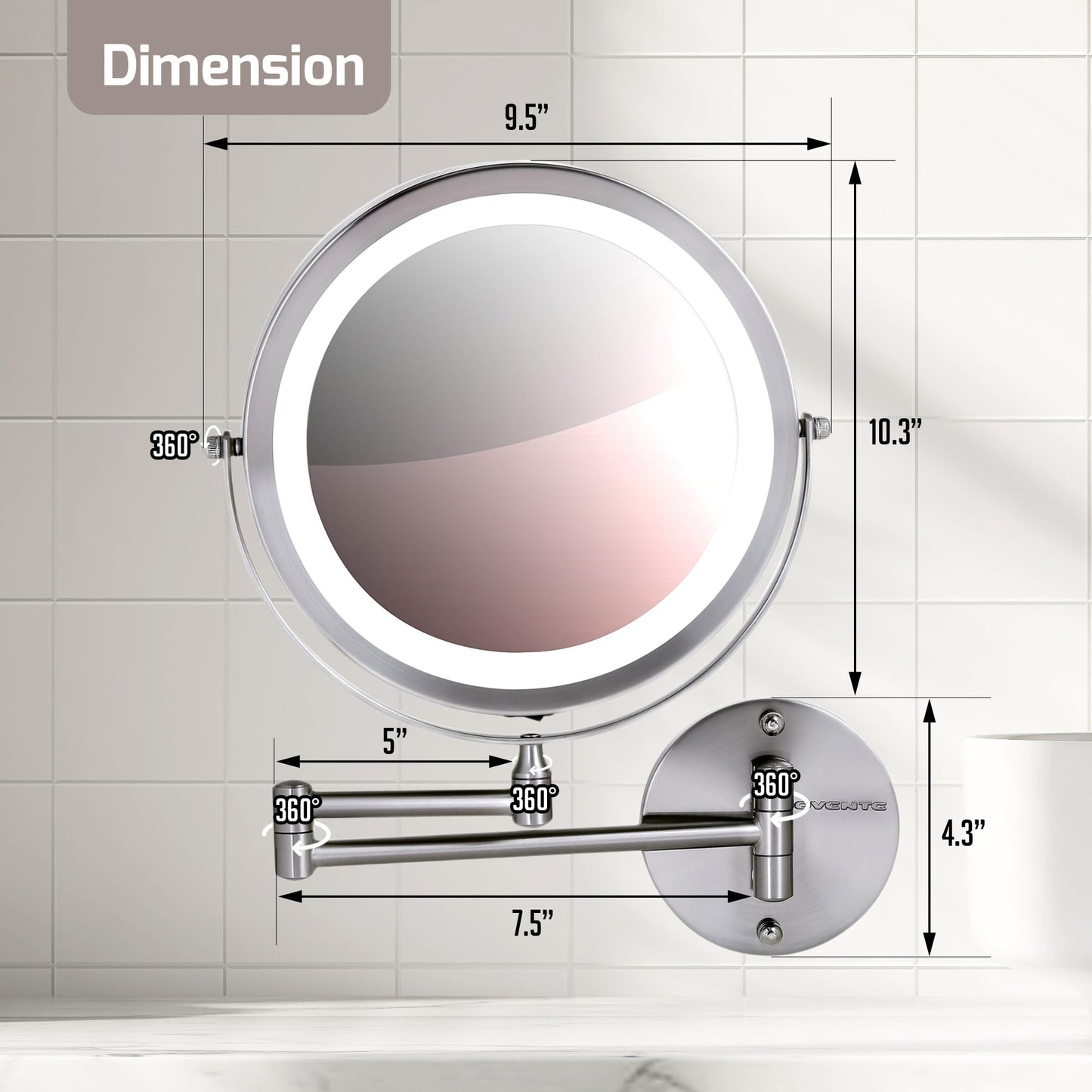 OVENTE Wall Mounted Lighted Makeup Mirror, 9" Double Sided 1X/10X Magnifying Vanity Mirror for Bathroom with LED Lights, Cordless, 360° Rotation and 13" Extendable Arm, Nickel Brushed MFW85BR1X10X