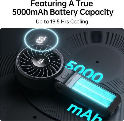 JISULIFE Handheld Fan Life7 - Powerful 5-Speed Cooling | 19.5H Runtime, 5000mAh Battery, Portable Design (Black)