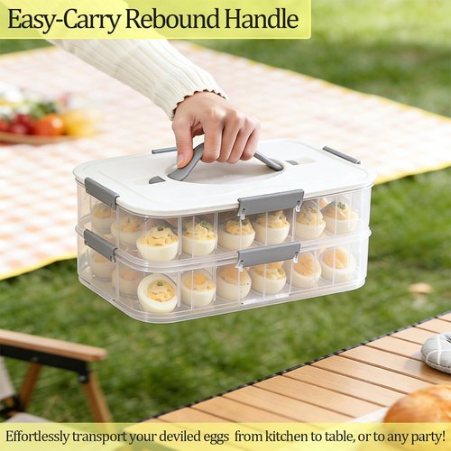 Deviled Egg Container with Lid, Double Layer Egg Container, 36 Count Deviled Egg Tray- Secure Lock & Handle, Stackable, Leak-Proof Design for Parties & Catering, White