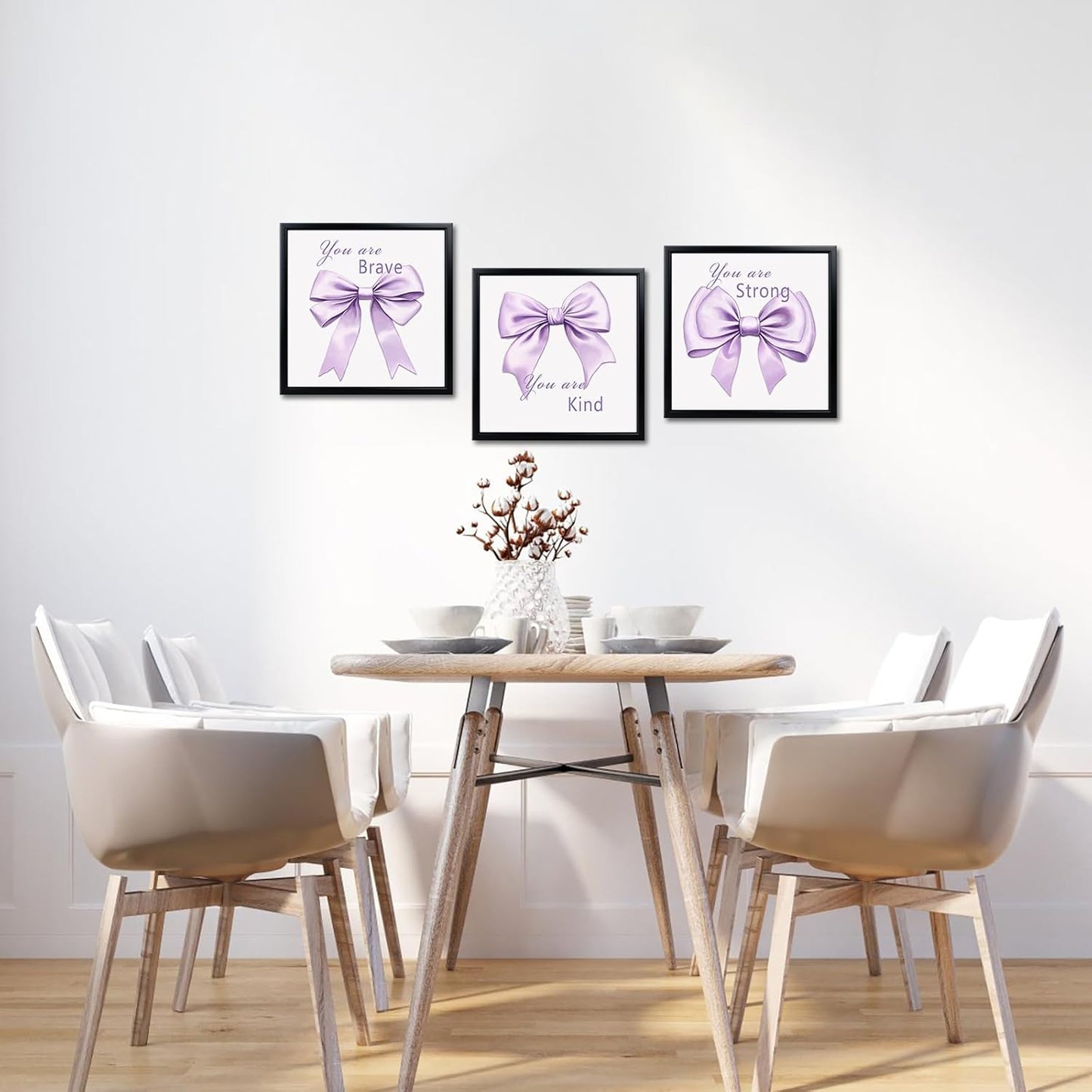 WELMECO Bow Wall Decor - Inspirational Framed Art Set for Girls | 12x12 Inch, Black Frame, 3 Pieces