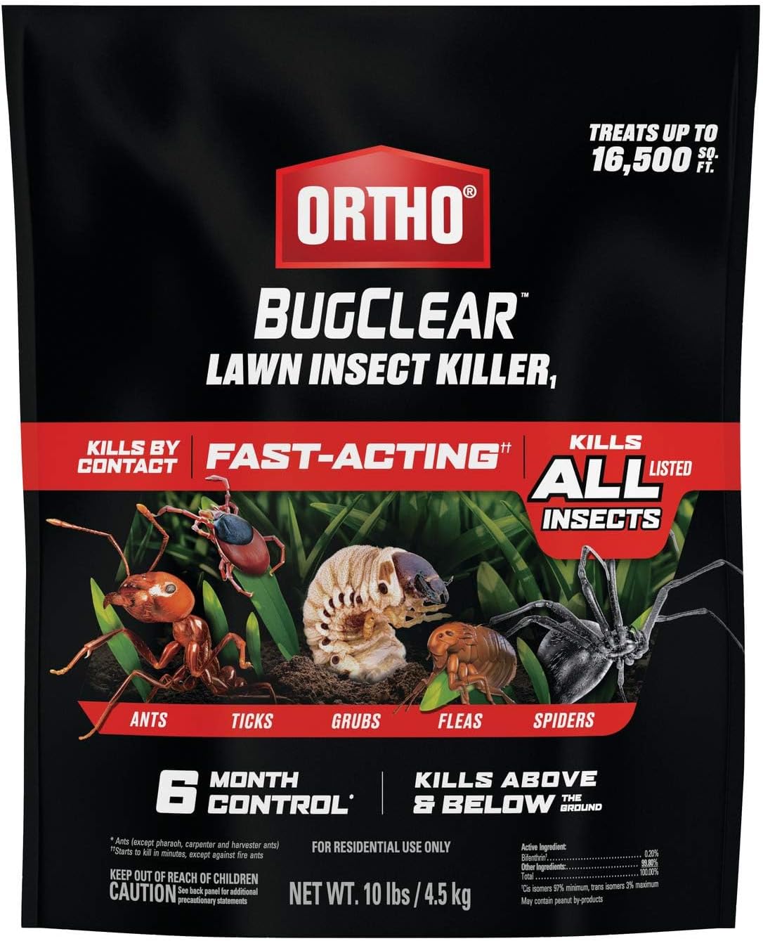 Ortho BugClear Lawn Insect Killer - Effective Granules for Ants, Spiders, Ticks & Fleas | Treats 16,500 sq. ft., 10 lb.