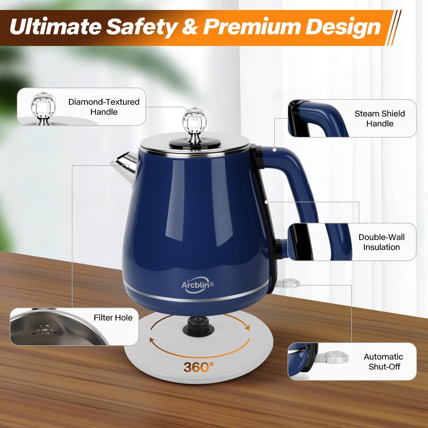 Vintage Electric Kettle 1.8L, All Stainless Steel Hot Water Electric Kettle for Boiling Water, BPA Free Tea Kettle, 1350W Fast Boil, Auto Shut Off & Boil-Dry Protection
