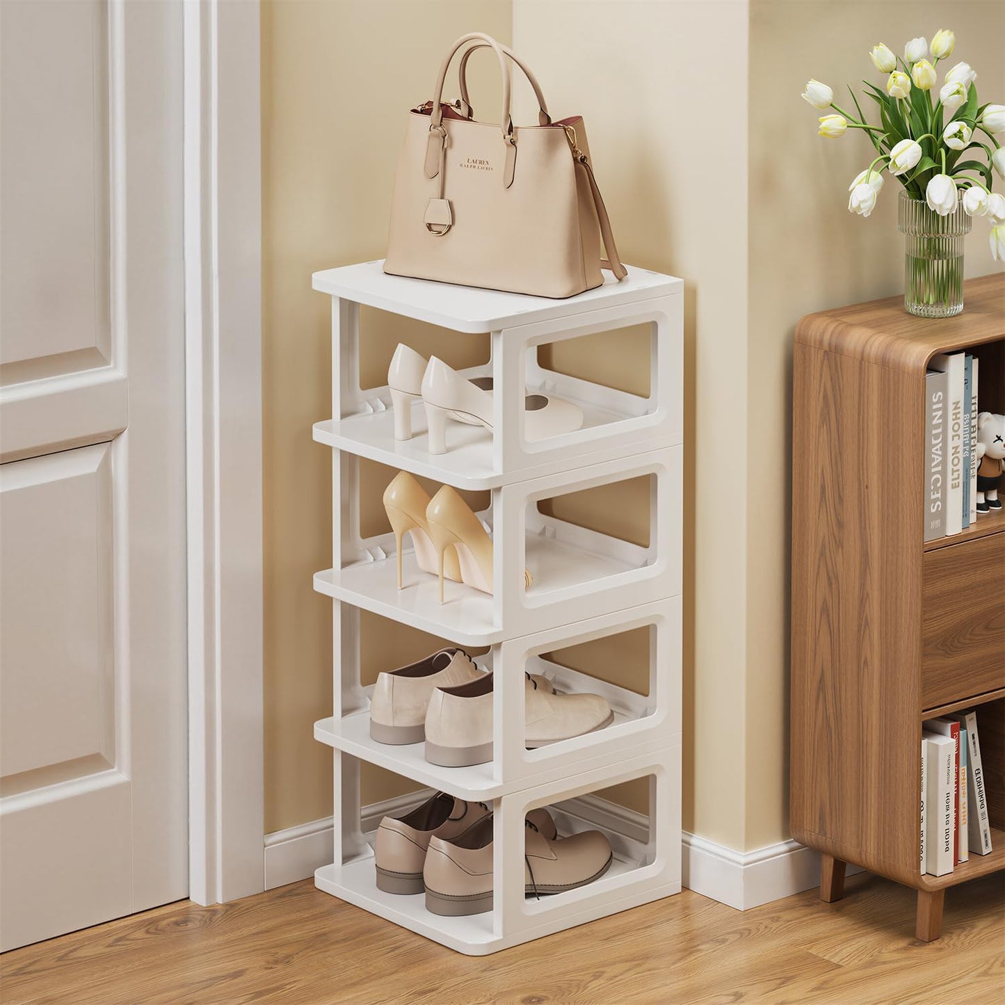 SEE SPRING 5-Tier Stackable Shoe Rack Organizer - Durable Plastic Storage Shelf for Entryway & Closet, Fits Size 13 Shoes (White)