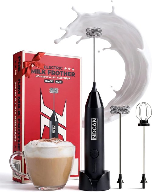 INDCAN Rechargeable Milk Frother - Electric Foam Maker with Dual Stainless Steel Whisk | Perfect for Coffee & Lattes (Pro, Black)