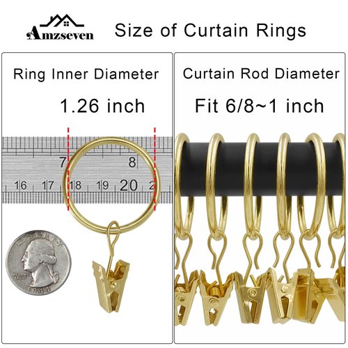 AMZSEVEN 40 Pack Curtain Rings with Clips, Drapery Clips with Rings, Drapes Rings 1.26 in Interior Diameter, Fits up to 1 in Curtain Rod, Gold Color
