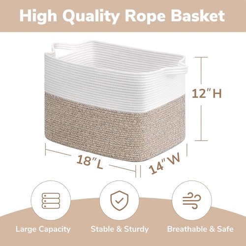 Goodpick Woven Baskets - 18" x 14" x 12" Rectangle Storage for Blankets & Toys | White & Brown Home Decor