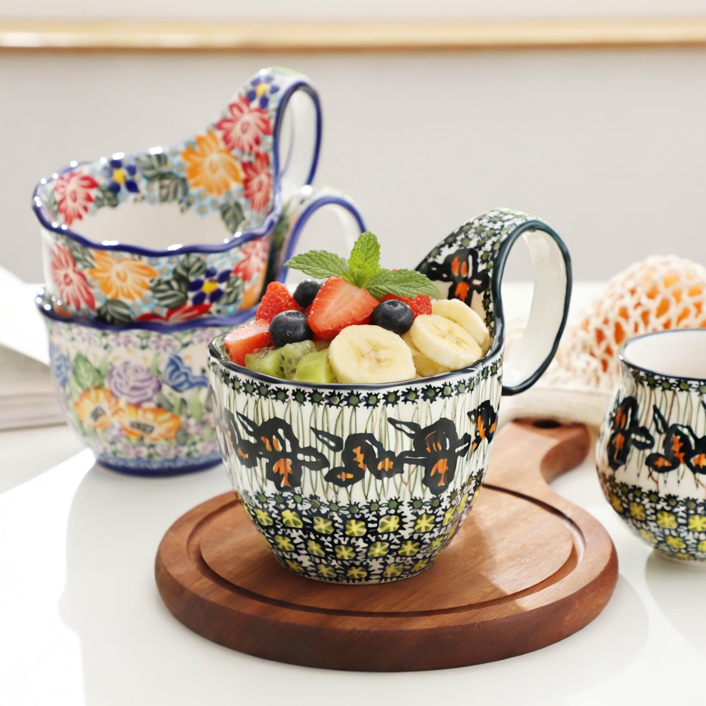 ALMA Ceramic Soup Bowls With Handles, 18oz Microwavable Large Loop Handle Mugs, Decorative Handpainted Floral Soup Bowl For Cereal, Oatmeal, Chili, Snack,Fruits,Ice cream-Orange Irene Theme