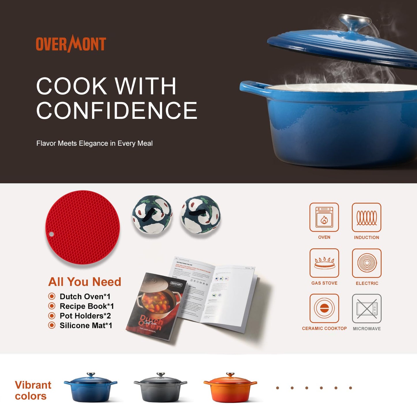 Overmont Enameled Cast Iron Dutch Oven - 5.5QT Pot with Wide Handles Lid Cookbook & Cotton Potholders - Heavy-Duty Pre-Seasoned Cookware Oven Safe to 500°F for Braising, Stews, Roasting, Sourdough Baking