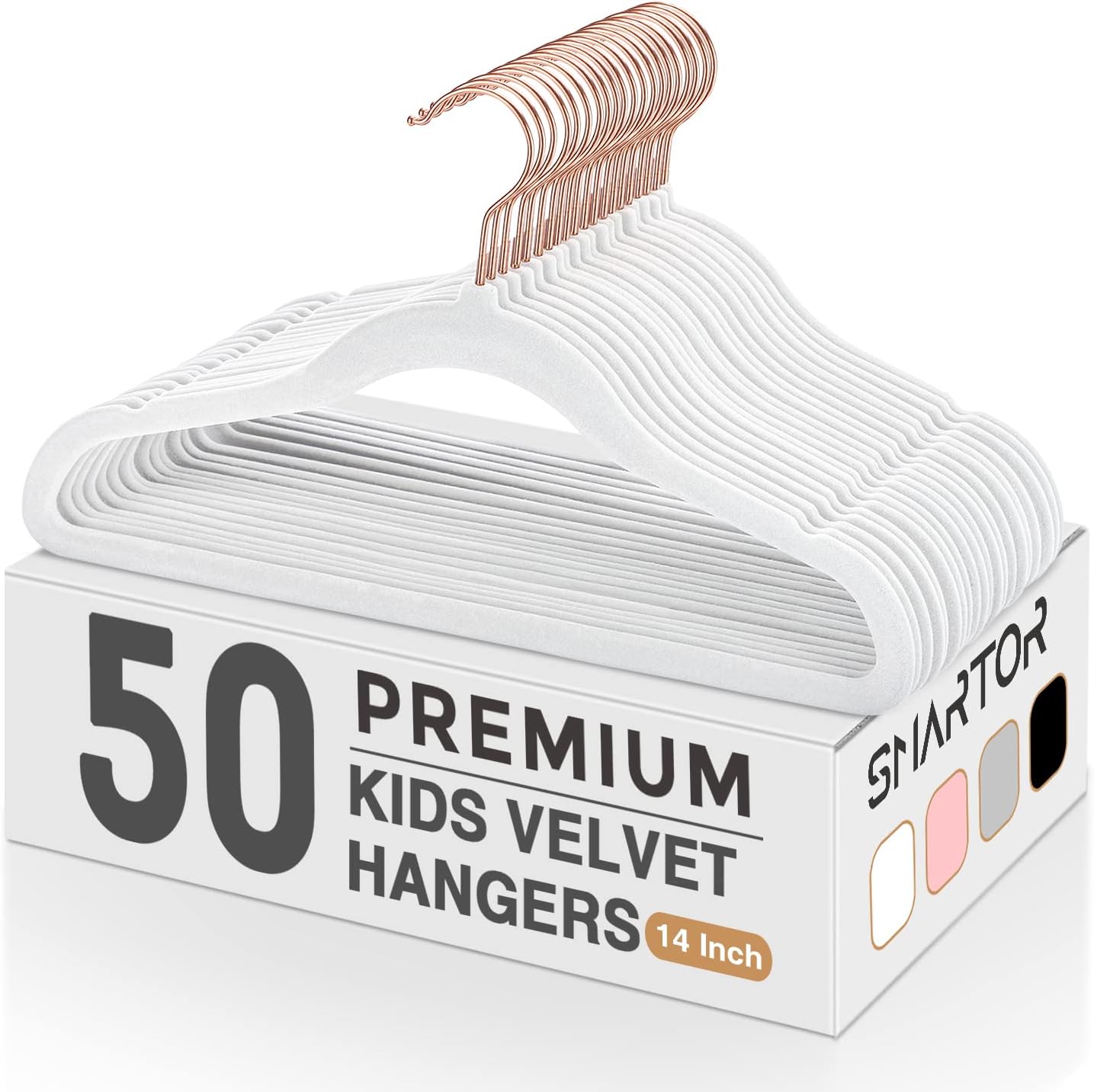 Smartor Kids Velvet Hangers - 50 Pack Premium Non-Slip Felt Hangers for Toddler Clothes | 14 Inch White with Rose Gold Hook