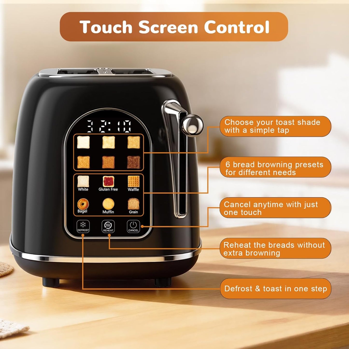 Mecity 2-Slice Toaster - Touch Screen Retro Design for Bagels & Muffins | Jet Black, 120V 825W