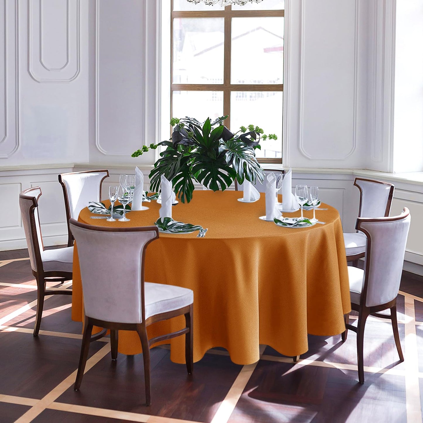 Biscaynebay Fall Tablecloth Textured Fabric Round Tablecloths 90", Bronze Thanksgiving Autumn Harvest Water Resistant Fabric Tablecloths for Kitchen, Dining, Wedding, Parties Machine Washable