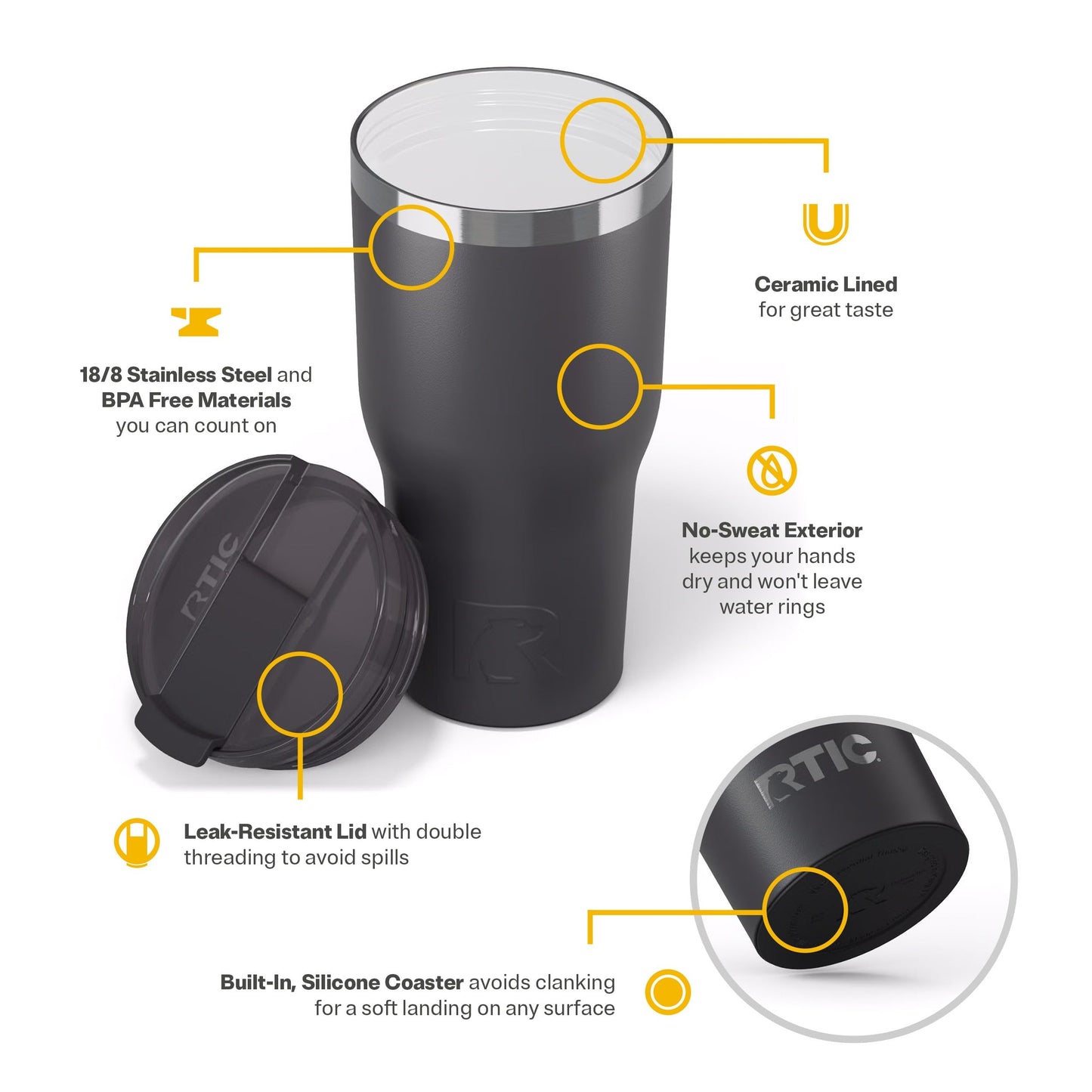 RTIC 30oz Essential Tumbler with Lid, Ceramic Lined, Insulated, Stainless Steel, Metal, Double Wall Vacuum-Insulation, Travel Cup for Iced Coffee, Tea, Hot and Cold Drink, Graphite