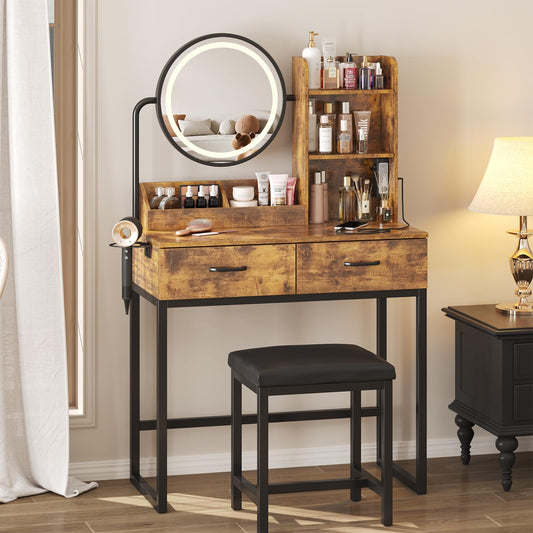 Makeup Vanity Desk with Round Mirror and Lights, White Vanity Makeup Table, Small Vanity Table for Bedroom with Lots Storage, 3 Lighting Modes, 31.5in(L)