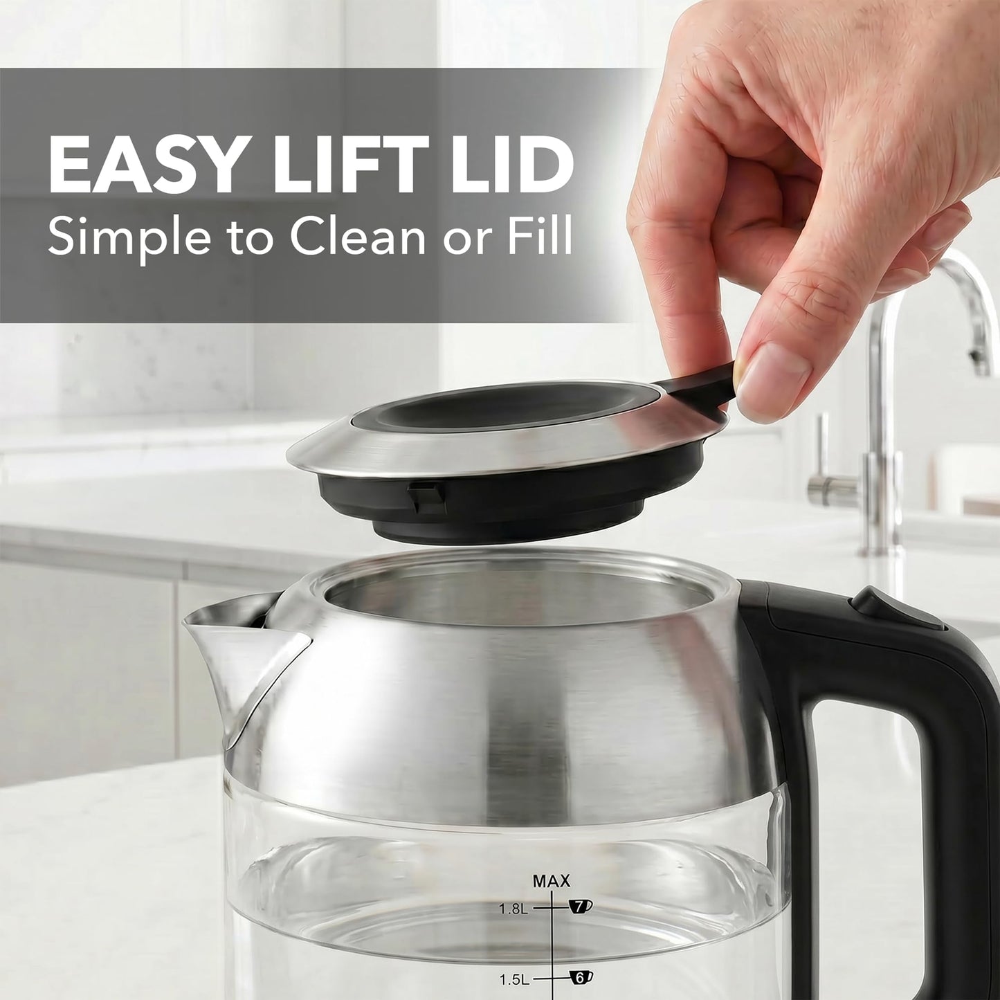 OVENTE Electric Kettle, 1.8L Glass Tea Kettle & Stainless Steel BPA-Free Cordless Electric Kettle, 1500W Fast Boil Electric Pot with Easy-Fill Lid, Auto Shut-Off & Boil Dry Protection, Silver KG751S