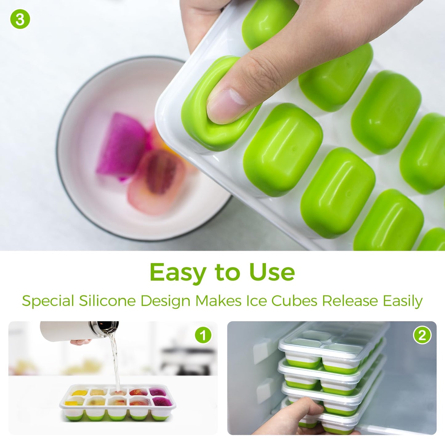 DOQAUS Ice Cube Tray with Lids - 4 Pack Stackable Silicone Ice Trays for Freezer, BPA & LFGB Safe, Easy Release for Kitchen, RV, Cocktail, Coffee, Soup & Food