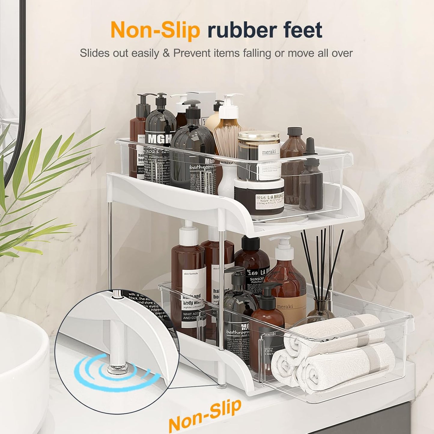 Sevenblue Under Sink Organizer - 2-Tier Kitchen & Bathroom Storage with Sliding Drawer & Hooks | Clear