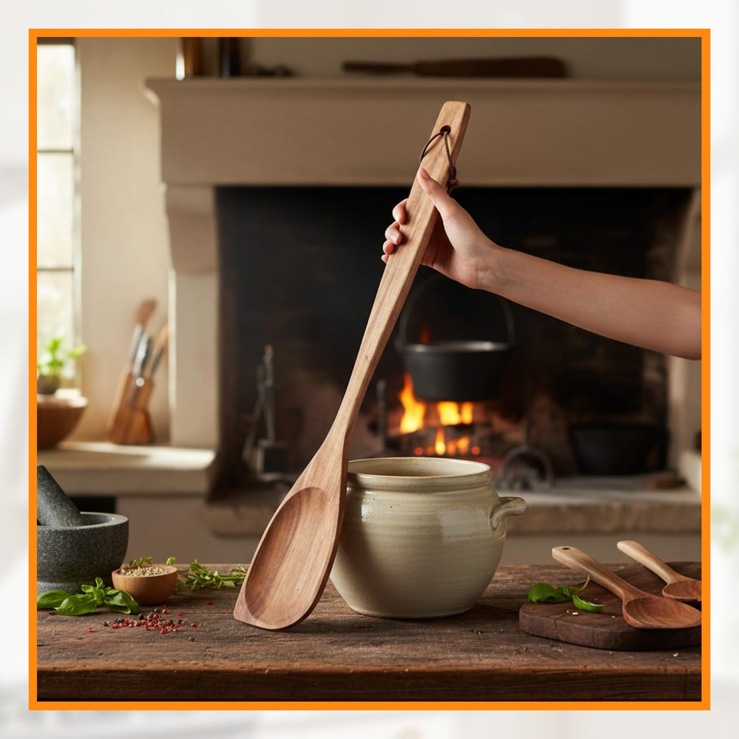 FillTouch 24 Inch Large Wooden Spoon for Cooking, Acacia Natural Wood Corner Spoon with Long Handle, Versatile Wood Spoons for Stirring, Flipping, Serving, Scraping