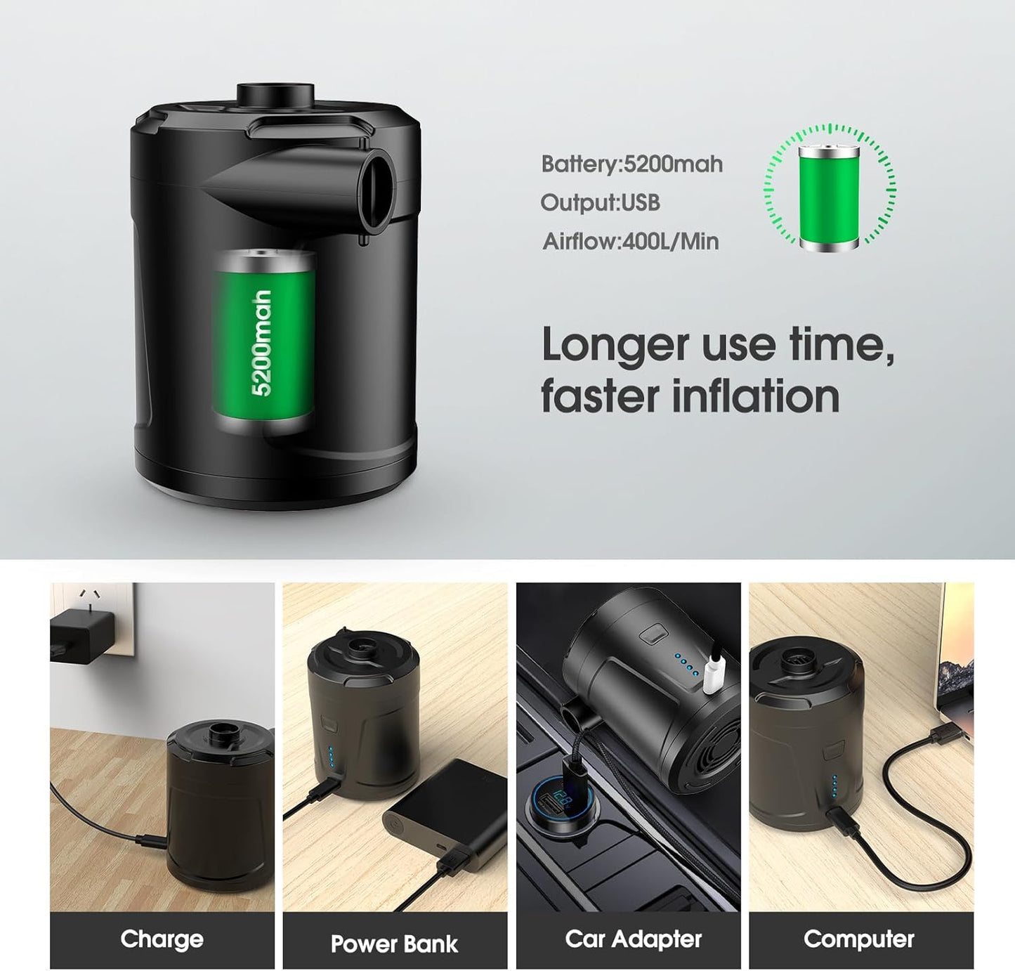 **Air Pump for Inflatables - Skiennix Electric Air Mattress Pump with 5200mAh Battery & 4 Nozzles**