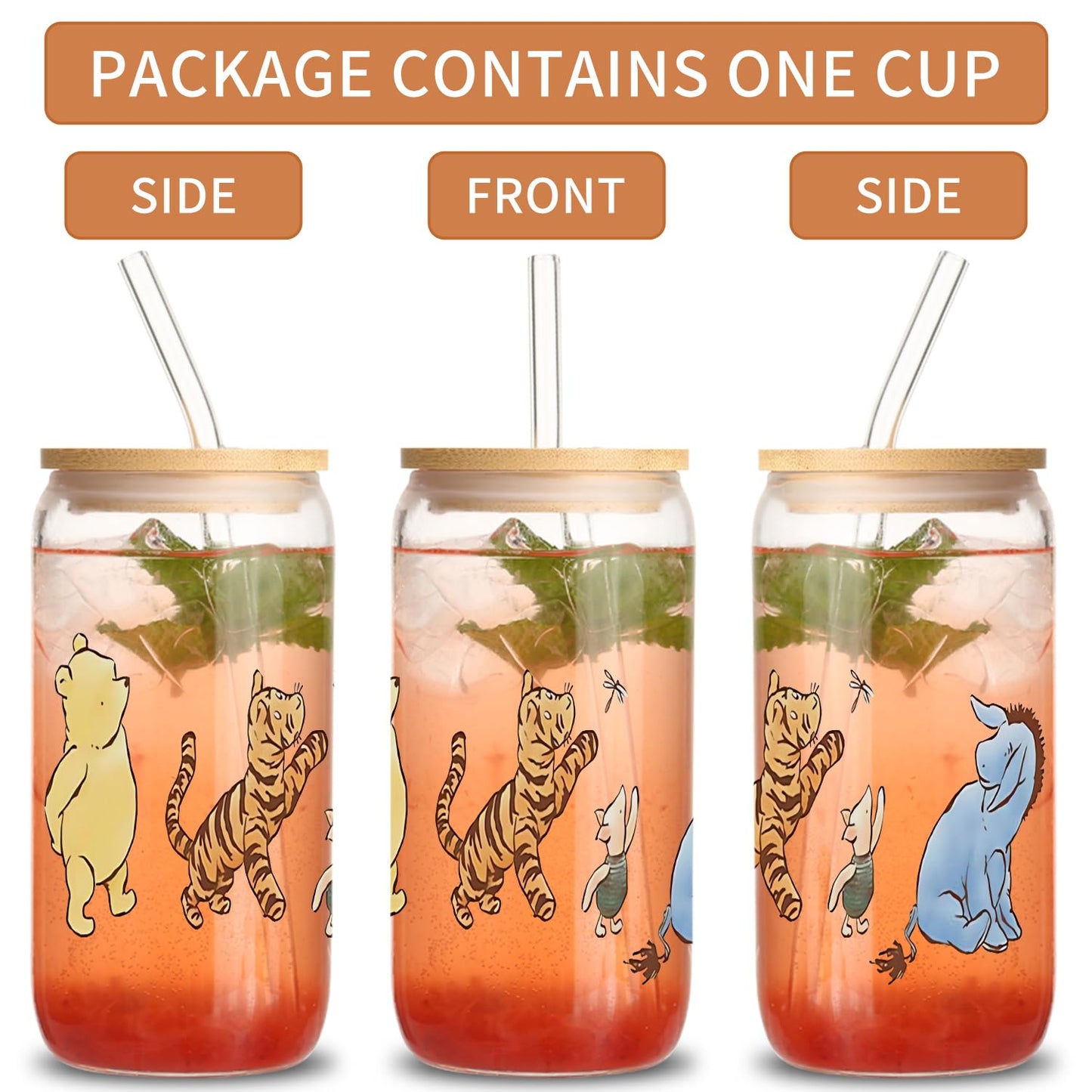 MRYAWXBK Pooh Bear Gifts for Women Friends, Pooh Bear Inspirational Canvas Tote Bag 16oz Iced Glass Cup Friendship Gift Set Gifts for Best Friends