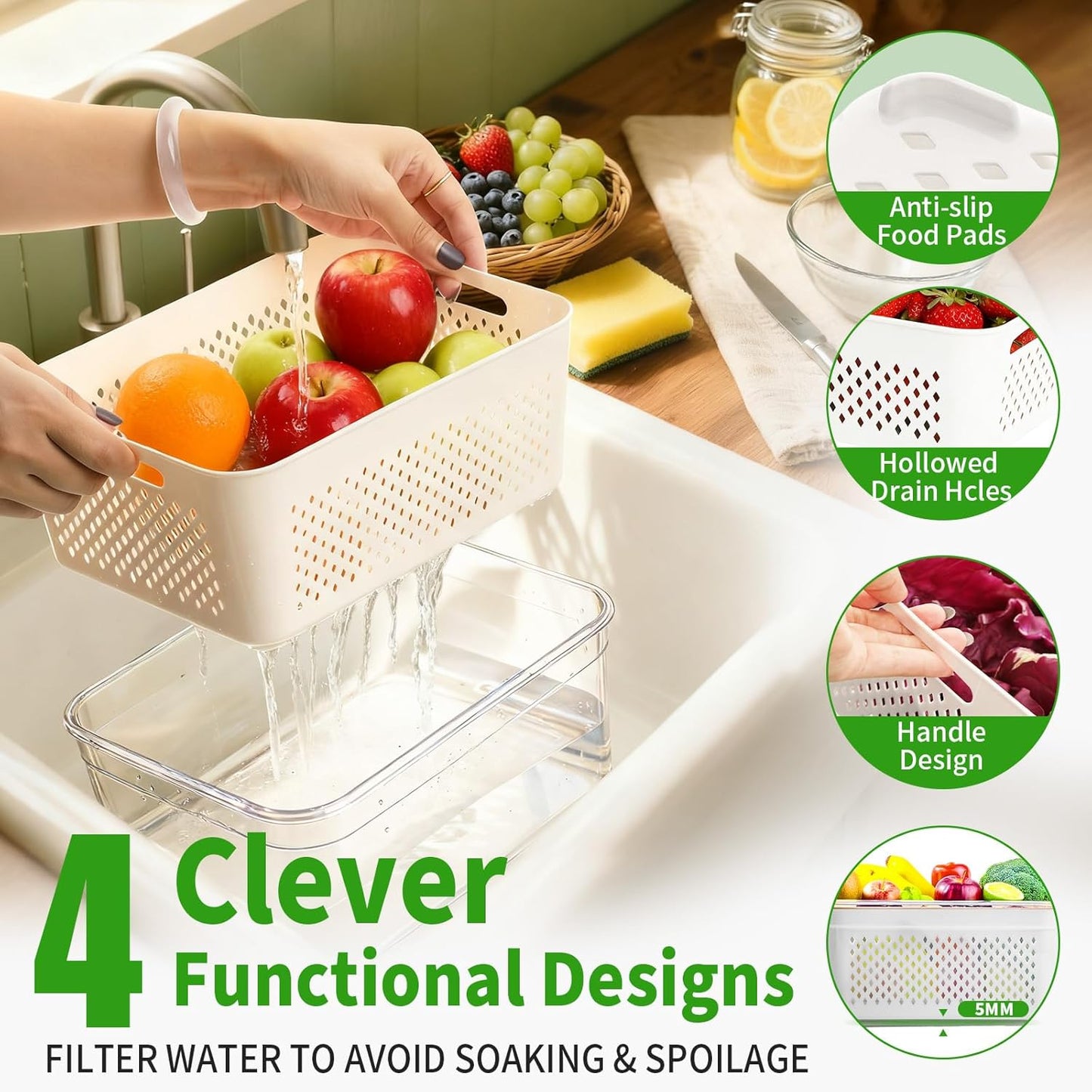 PRAKI 5-Pack Large Fruit Storage Containers - BPA-Free Fridge Organizers with Removable Colander
