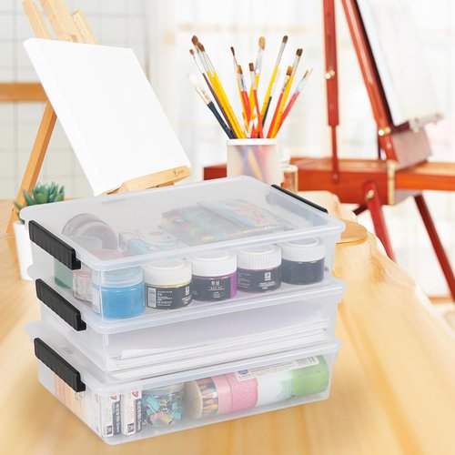Clear Storage Bins - 4 Pack Flat Plastic Latching Containers with Lids | 6 Quart Stackable