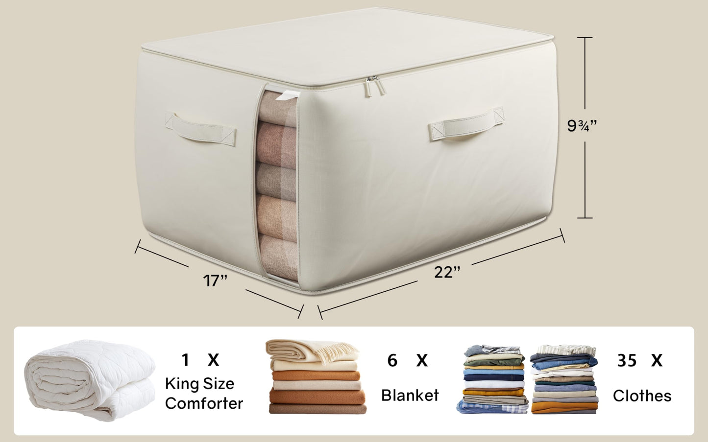 TomVista Large Canvas Clothes Storage Bags with Thick Handles and Clear Window, Foldable Cotton Linen Underbed Closet Organizer for Clothing, Blankets and Bedding, 60L, 6 Pack, Beige