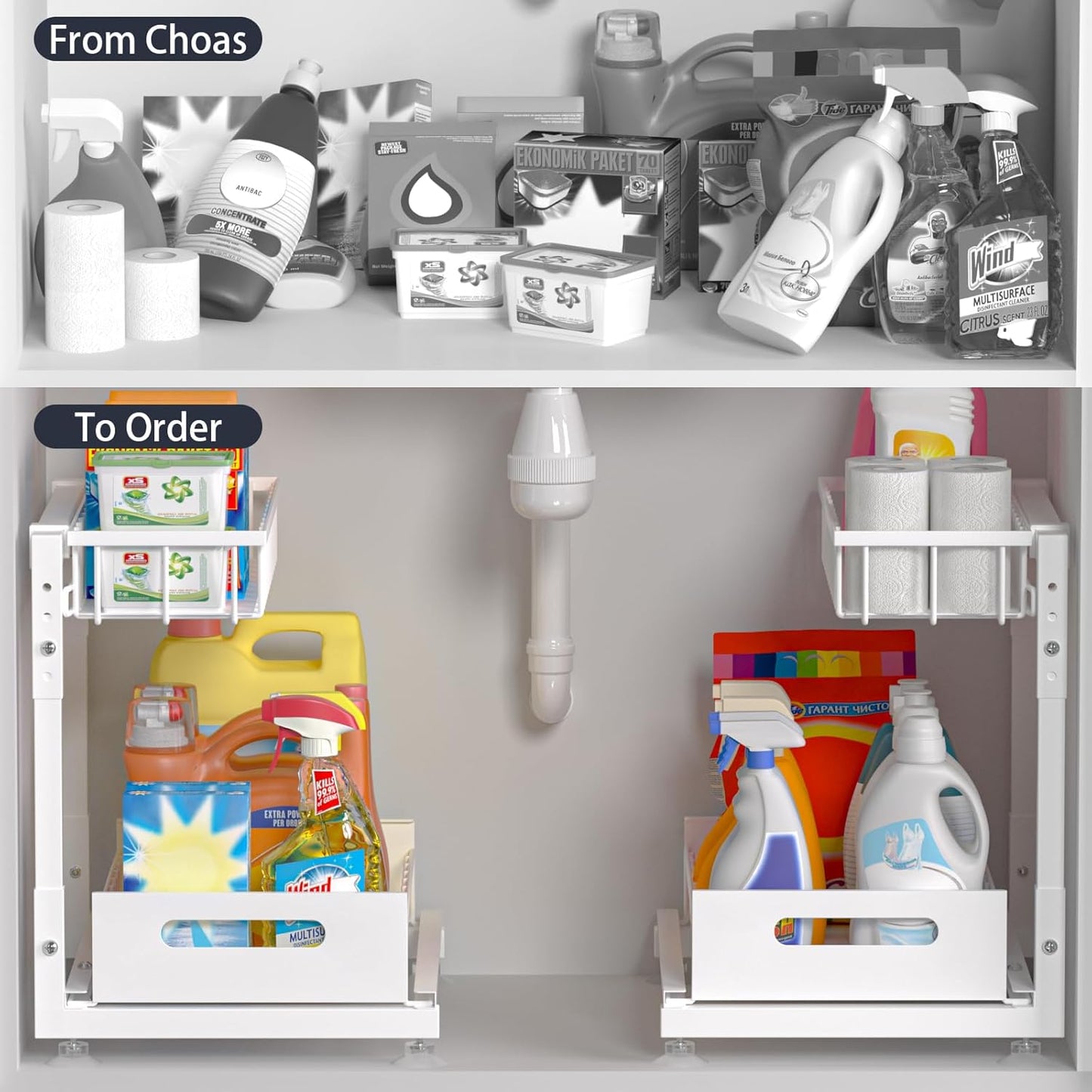 Under Sink Organizer by L-Shaped | 2-Pack 2-Tier Metal Storage with Sliding Drawer - Adjustable Height for Kitchen & Bathroom
