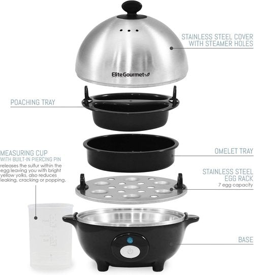 Elite Gourmet EGC-508 Rapid Egg Cooker - Cook 7 Easy-To-Peel Eggs | Auto Shut-Off & Recipe Booklet