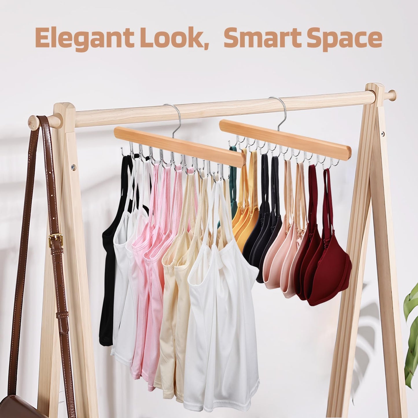NECAMOCU 2 Pack Bra Hanger for Closet Organizer, Premium Wooden Tank Top Hangers with 36 Foldable Hooks, 360° Rotating Design, Space Saving Storage for Tank Tops, Bras, Scarves and More