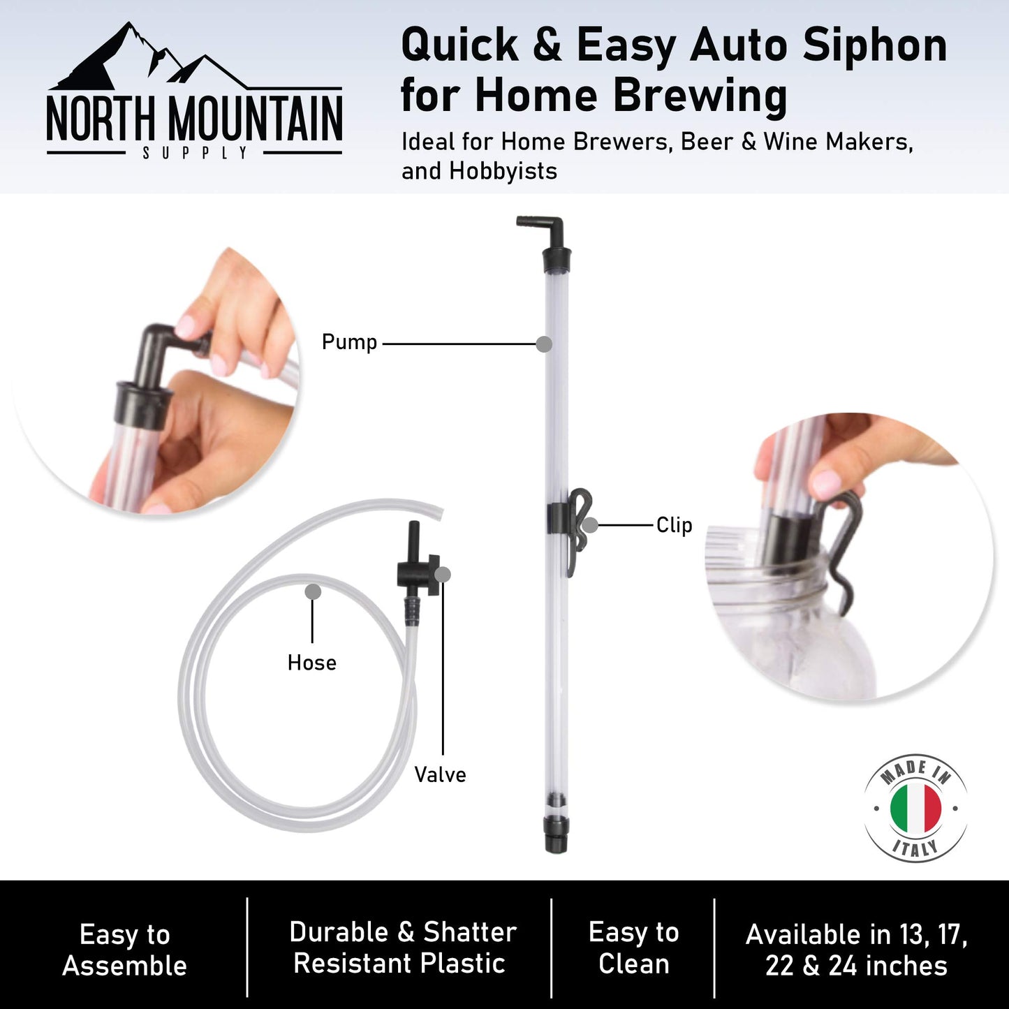 North Mountain Supply Quick Start Automatic Siphon - 22 Inches, With Bucket Clip, Butterfly Valve & Hose