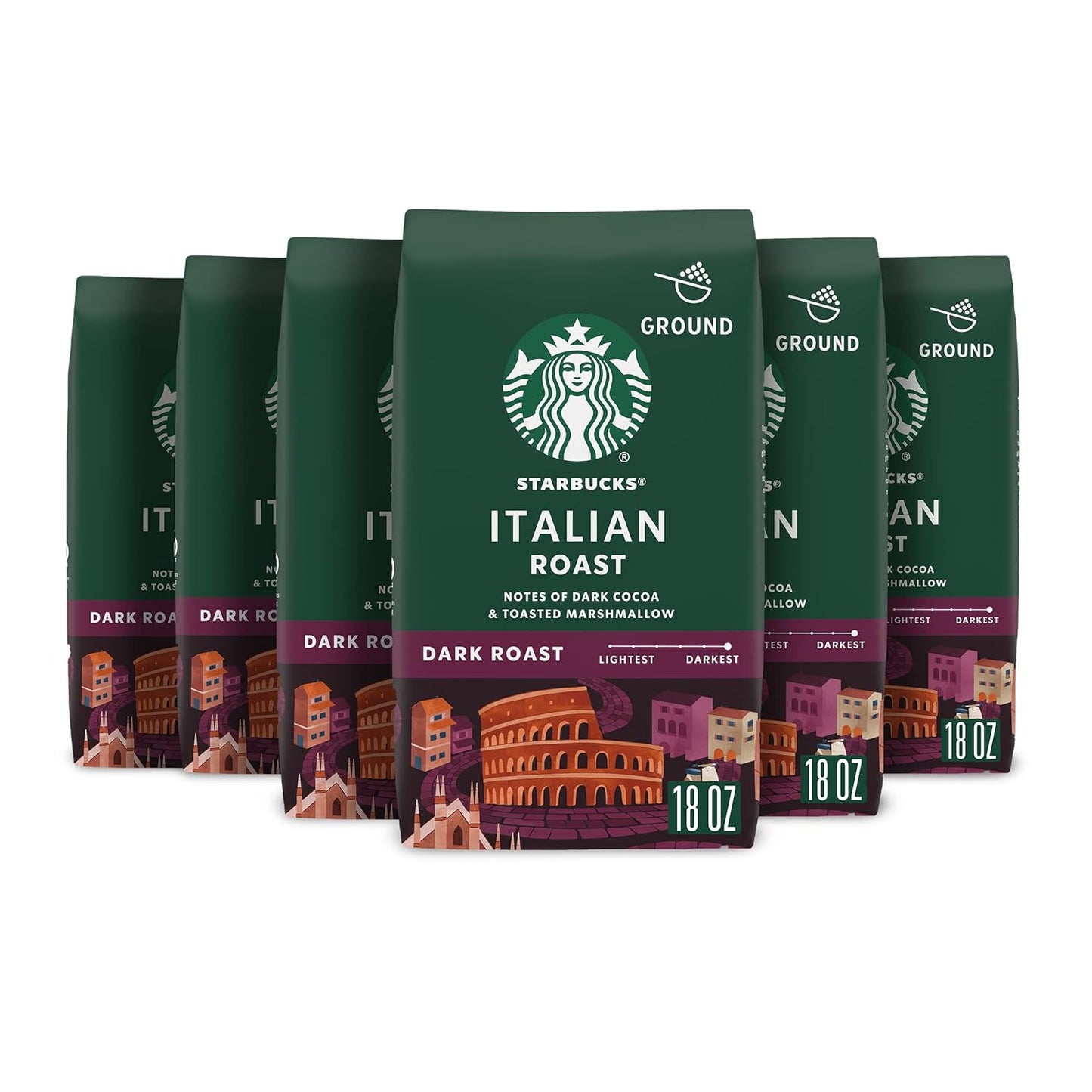 Starbucks Ground Coffee - Dark Roast for Hot or Iced Beverages | Italian Roast, 6 x 18 oz Bags