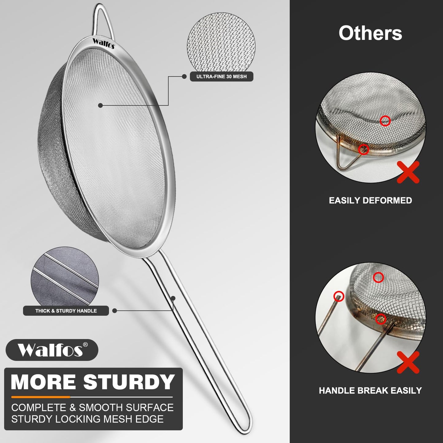 Walfos Fine Mesh Strainers Set, Premium Stainless Steel Colanders and Sifters, with Reinforced Frame Sturdy Handle, Perfect for Sift, Strain, Drain Rinse Vegetables, Pastas Tea - 3 Sizes