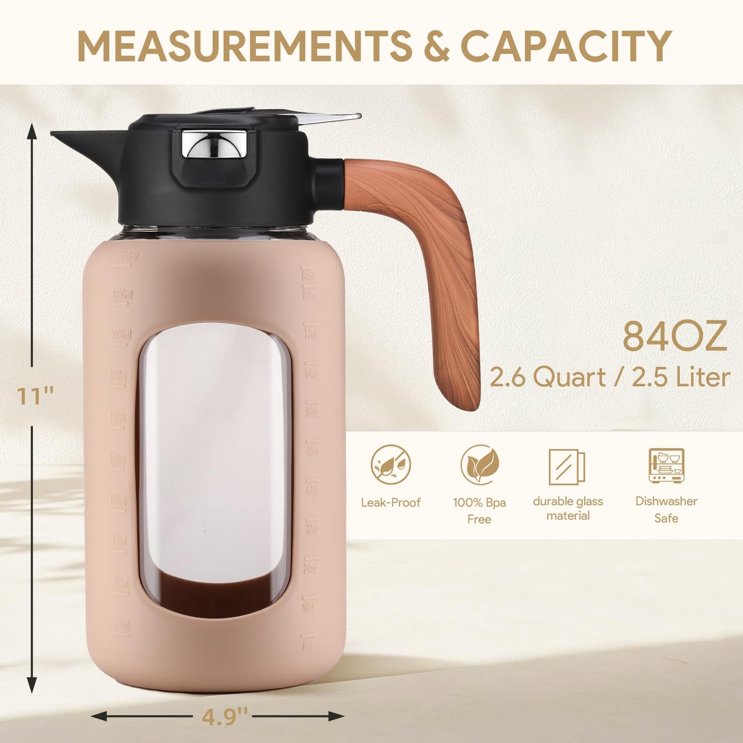84 oz/2.5 Liter Glass Pitcher with Lid and Handle, Glass Carafe/Jug for Hot/Cold Water, Large Iced Tea Pitcher for Coffee, Juice and Homemade Beverage