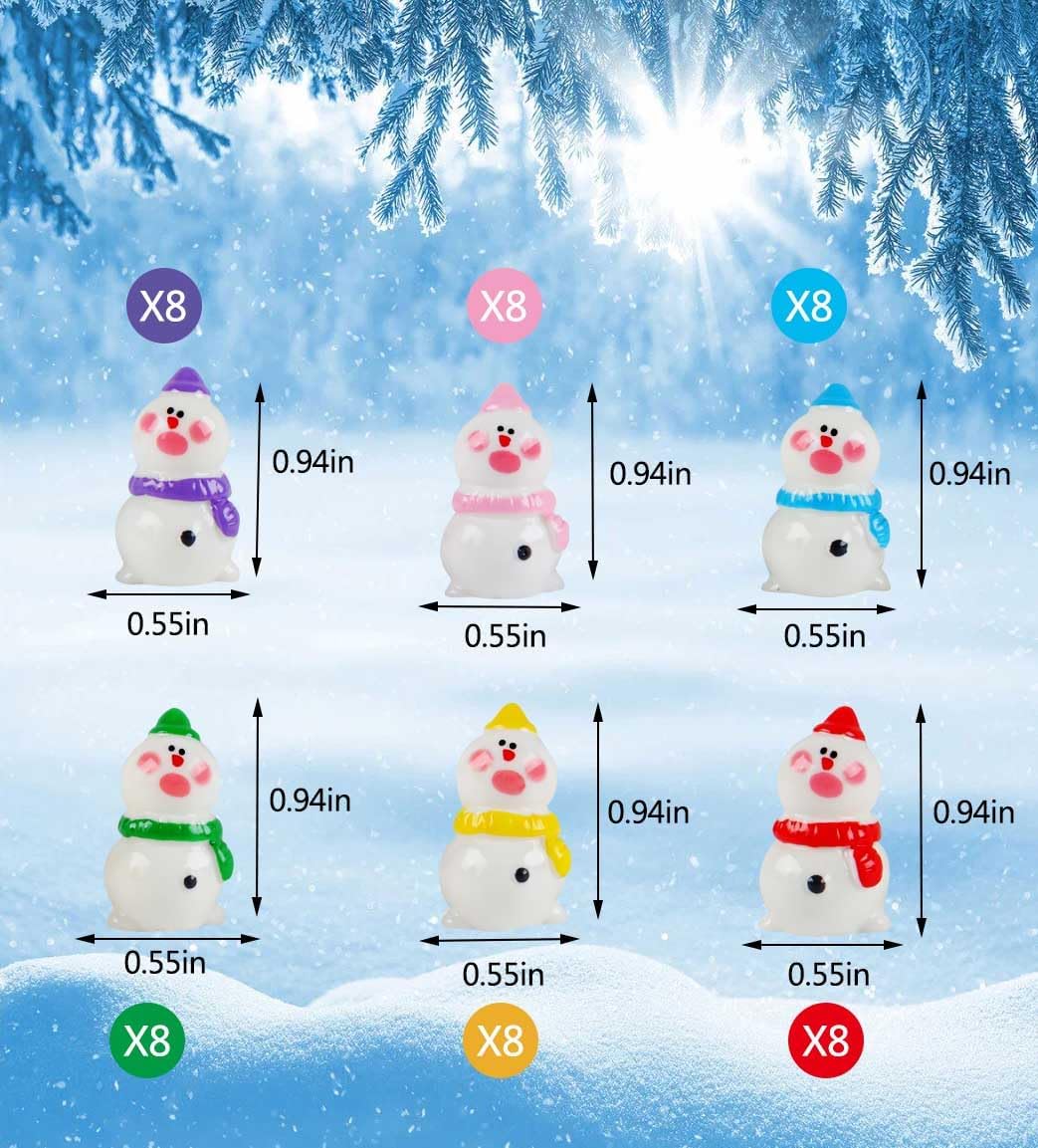 Skiennix Mini Snowman Figurines - 48pcs Christmas Resin Decorations with Top Hat for DIY Crafts