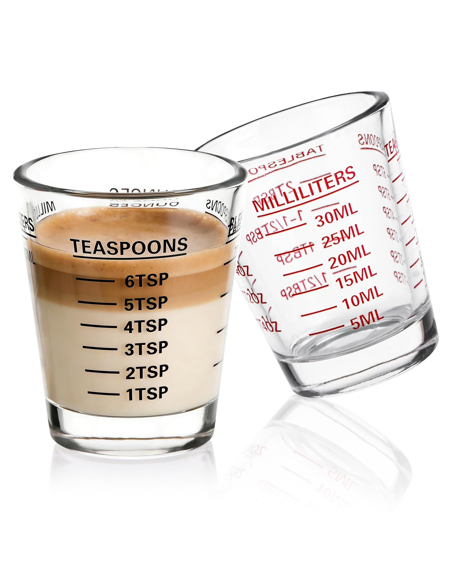 Shot Glasses Measuring Cup Set 2PACK Espresso Shot Glasses Liquid Heavy Glass 26-Incremental Measurement 1 OZ, 2 TBS, 6 TSP, 30 ML Kitchen Tools (RED&Black)
