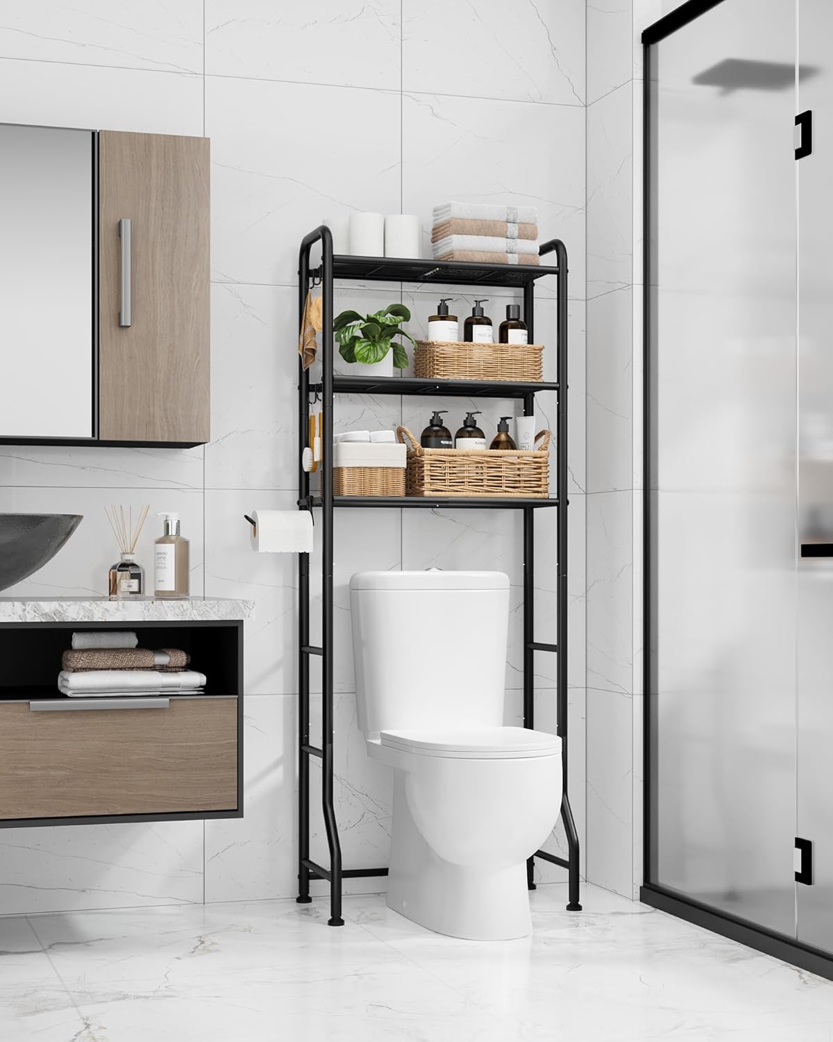Kitsure Over Toilet Storage Rack - Metal Bathroom Organizer Shelf with Paper Holder & Hooks | Black, 3 Tiers (63.2" H)