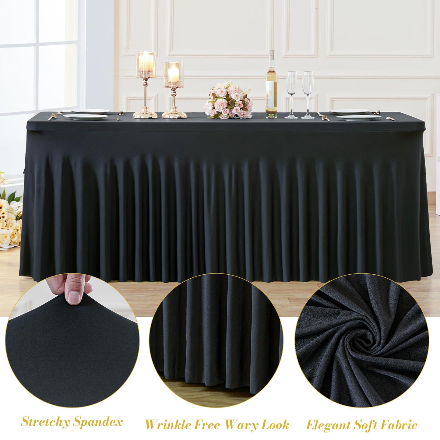 gogoparti 2 Pack Spandex Black Fitted Table Cloth for 6ft Rectangle Tables Black Stretch Tablecloth Table Covers Skirt Banquet Wrinkle Free Tablecloths for Parties Wedding