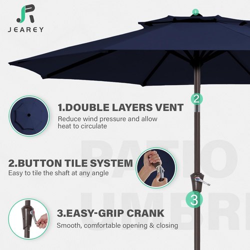 JEAREY 9 ft Patio Umbrella - 2-Tier Outdoor Market Umbrella with Push Button Tilt & UV Protection | Navy Blue