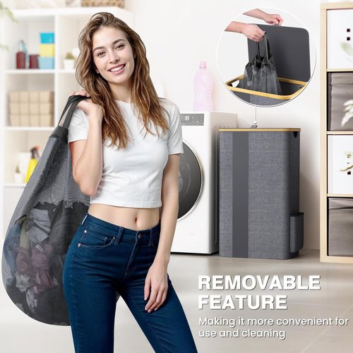 BlissTotes Laundry Basket - 100L Clothes Hamper with Lid & Removable Bag | Breathable Design - Light Grey