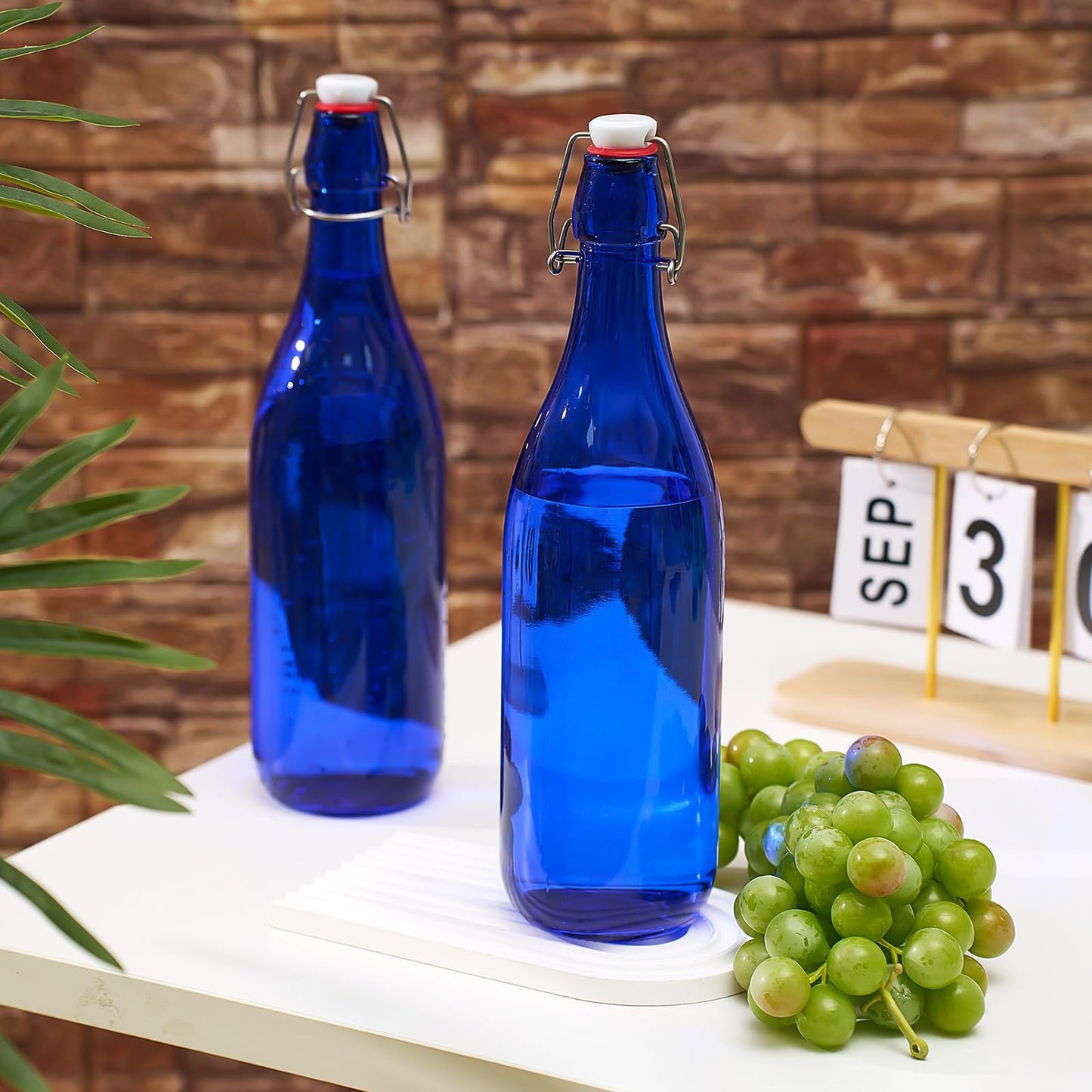 Teenyyou 6 Pcs Cobalt Blue Glass Bottles 1 L/ 33.75 oz Decorative Wine Bottles Flip Top Glass Water Bottle with Airtight Lid for Home Decor Garden Tree Yard Outdoor Decorations